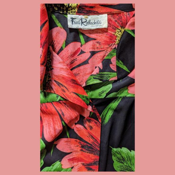 Vintage 1970s Long Sleeve Black and Red Floral Polyester Blouse - Picture 4 of 4